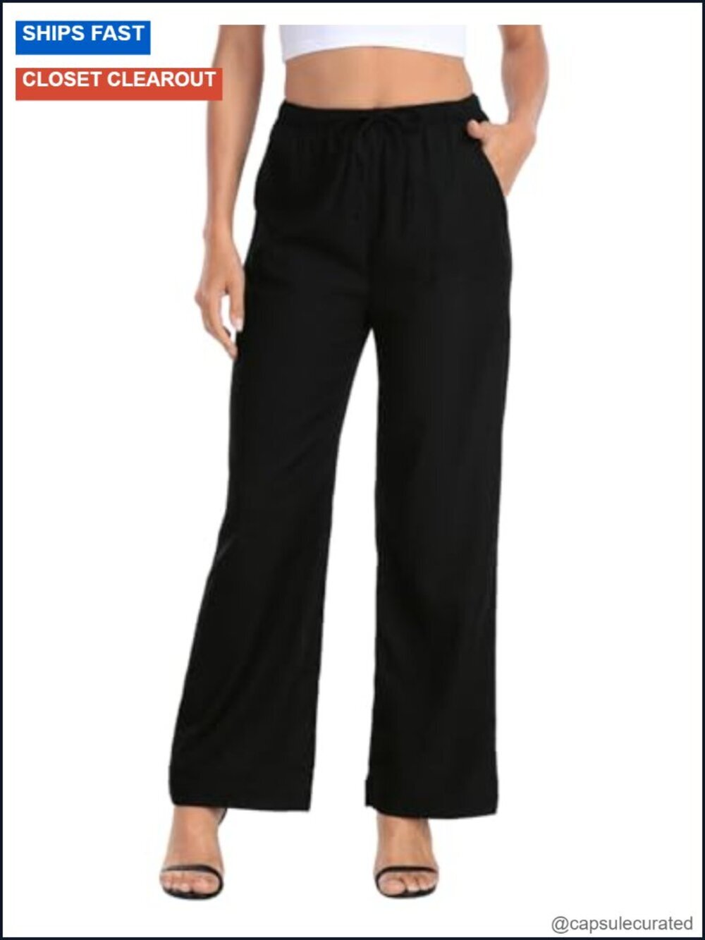 Linen Blend High Waist Wide Leg Pull On Drawstring Pants with Pockets
